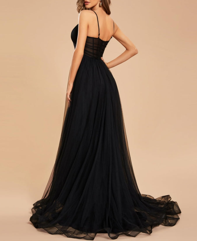 Black Women's Tulle V Neck Sleeveless A Line Split Floor Length Prom Dresses